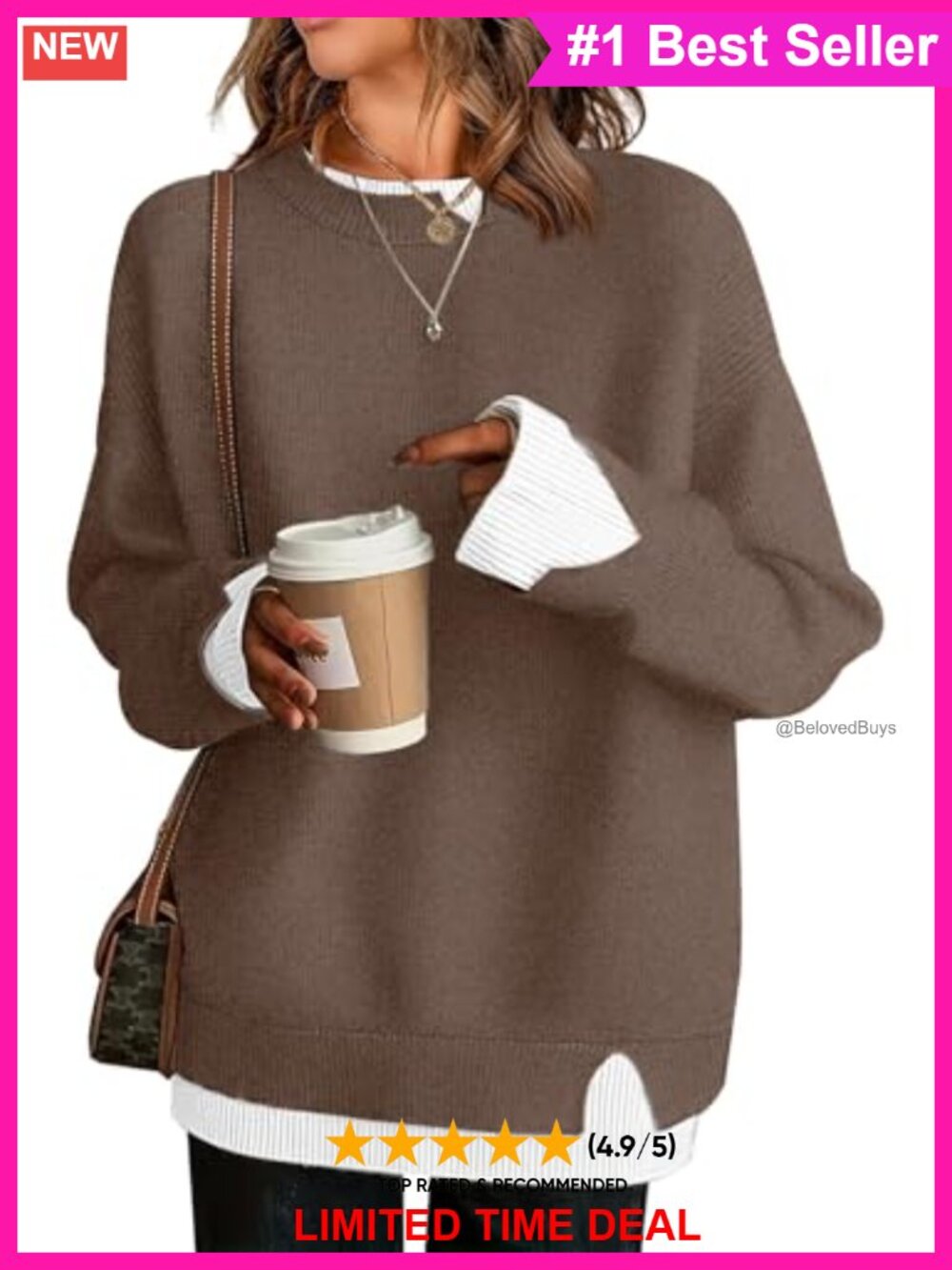Oversized Knit Sweater Pullover Crew Neck Patchwork Drop Shoulder